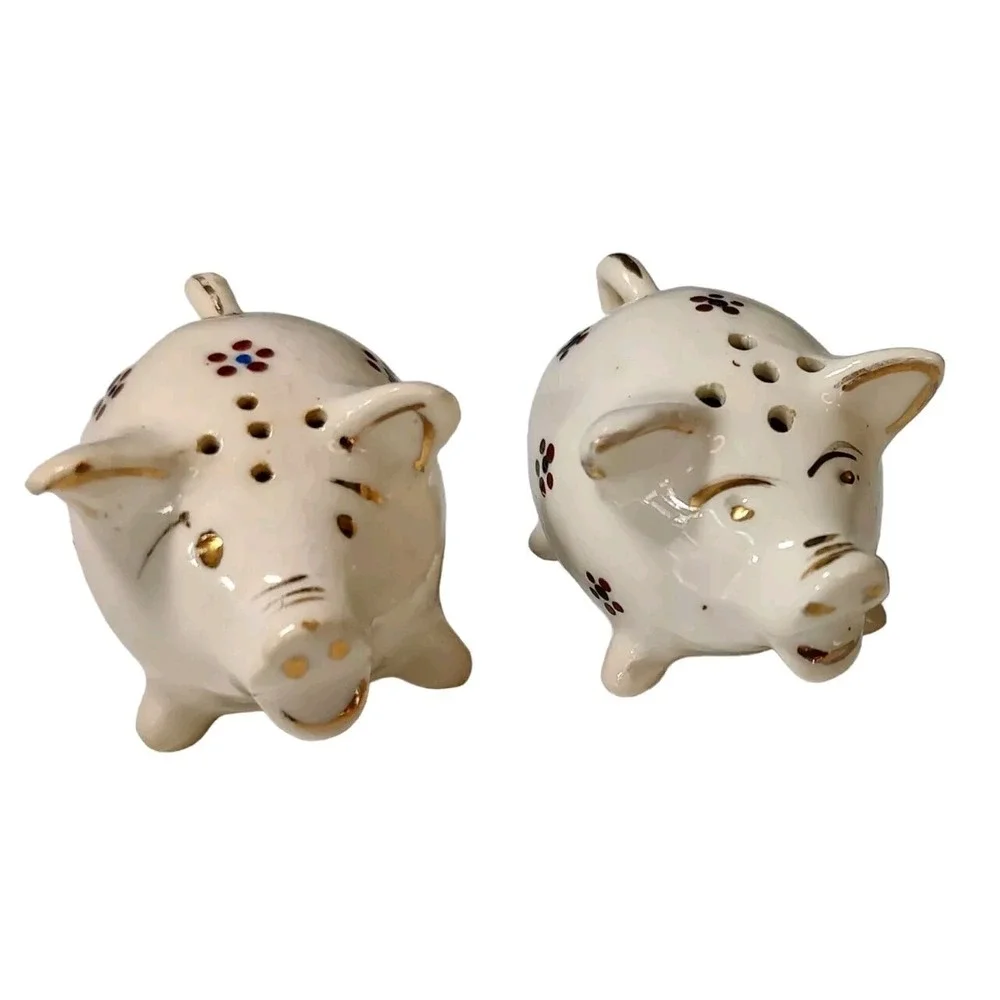 Vintage Ceramic Pig Salt and Pepper Shakers Hand Painted Flowers Gold Trim Japan